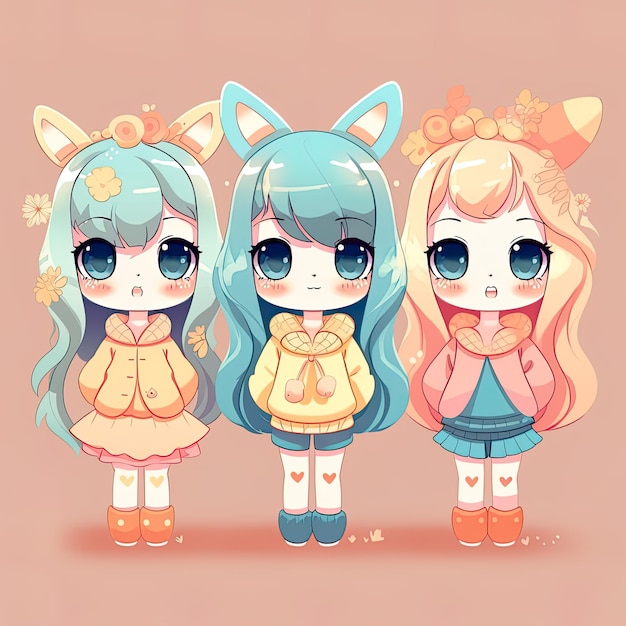 Smiling three cute anime girl chibi fun Generative ai