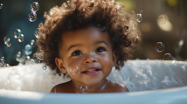 Smiling toddler bathes in bathtub with foam and bubbles happy baby bath time