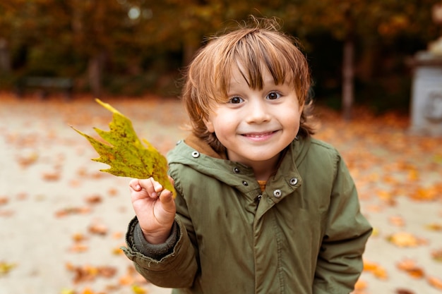 Smiling toddler boy holding autumn maple leaf child playing in the park outdoor in fall