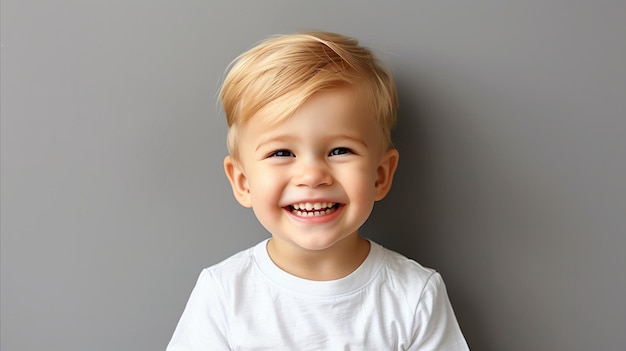 Smiling Toddler Boy in White Shirt Against Grey Background