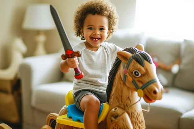 Smiling toddler on a rocking horse holding a toy sword