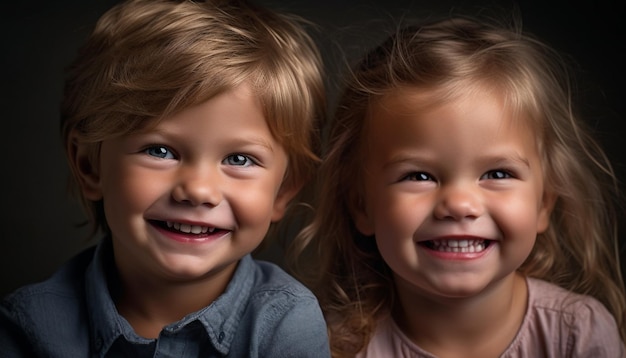 Smiling toddler and sibling share playful bond in close up portrait generated by AI