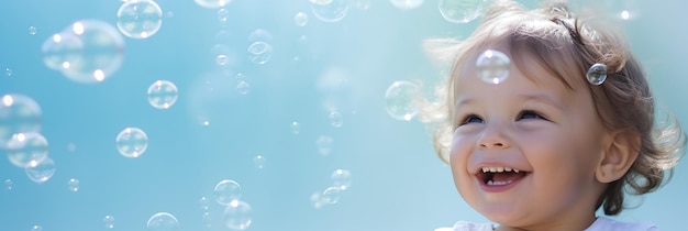 Smiling toddler with curly hair enjoying soap bubbles on a clear day aqua sky background