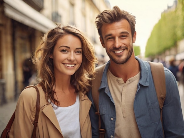 Smiling tourist couple sightseeing in paris city