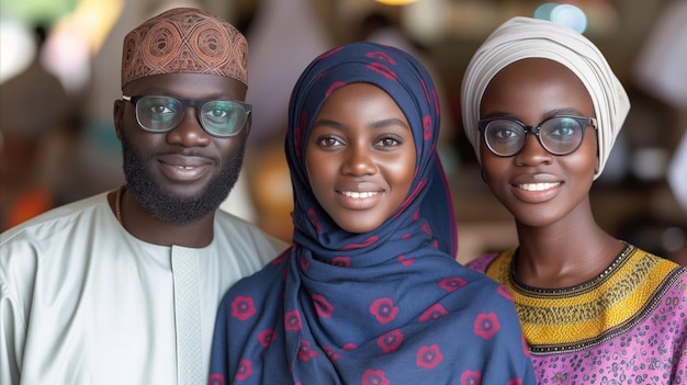 Photo smiling trio in traditional african attire indoors