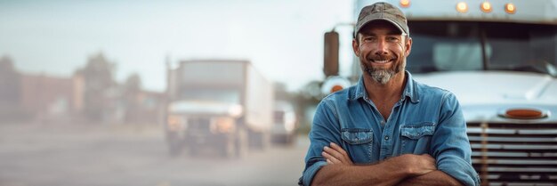 Un camionista sorridente che incrocia le braccia con fiducia davanti al suo camion