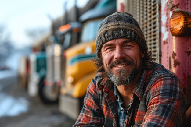 Photo a smiling truck driver posing with trucks