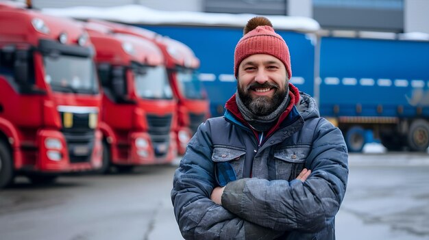 Улыбающийся водитель грузовика в теплом наряде стоит перед красными грузовиками Дружелюбный мужчина-профессионал по логистике в облачный день Портрет рабочего места с транспортным ИИ
