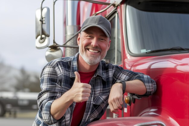 Foto un camionista sorridente appoggiato al camion con i pollici in alto.