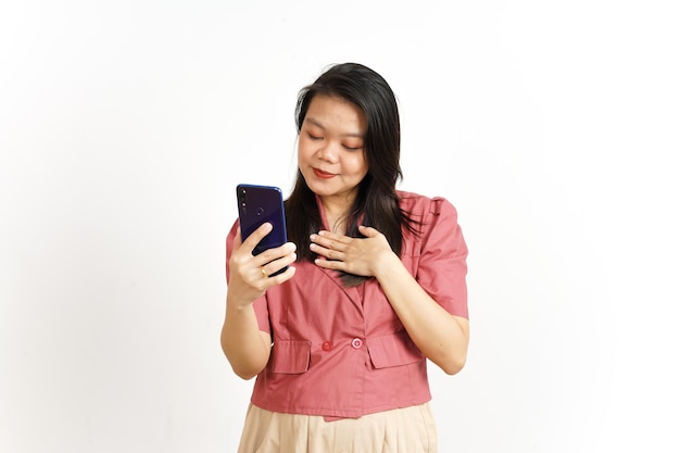 Smiling and Using Smartphone Of Beautiful Asian Woman Isolated On White Background