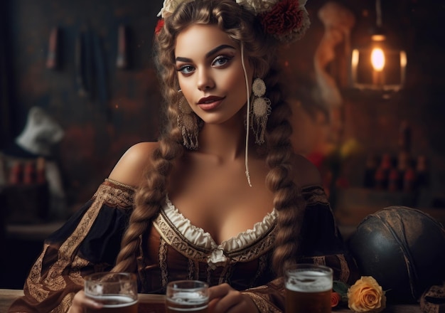 Smiling very hot girl dressed in a corset with glass of beer