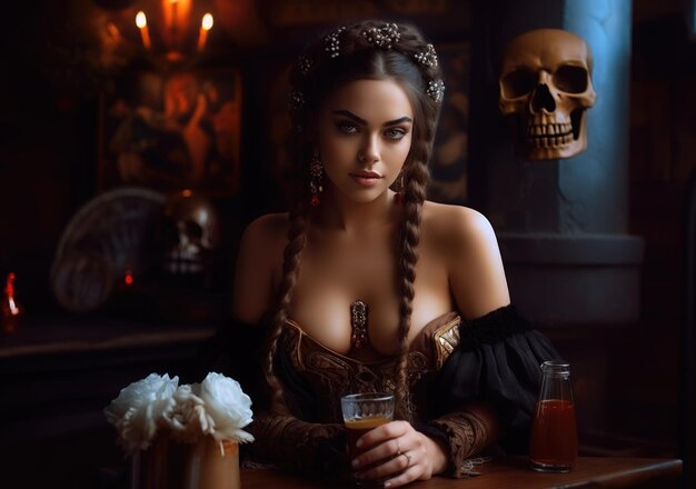 Smiling very hot girl dressed in a corset with glass of beer