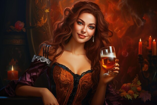 바이에른 시의 바에서 맥주 두 잔과 함께 코르셋을 입은 매우 섹시한 소녀 미소