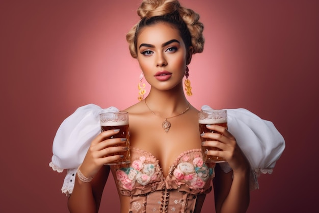 Foto sorridente ragazza molto calda vestita con un corsetto con due bicchieri di birra