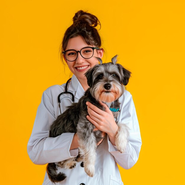 Foto un veterinario sorridente che tiene un cane isolato sullo sfondo