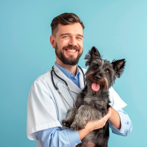 Foto un veterinario sorridente che tiene un cane isolato sullo sfondo