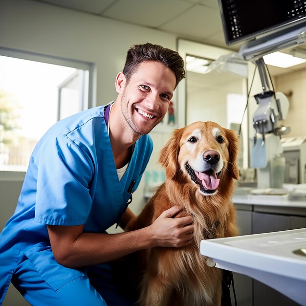 Smiling Veterinary Examining Dog