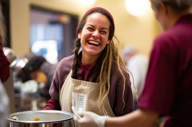 환대하는 급식소에서 친절하게 따뜻한 식사를 제공하는 미소 짓는 자원봉사자