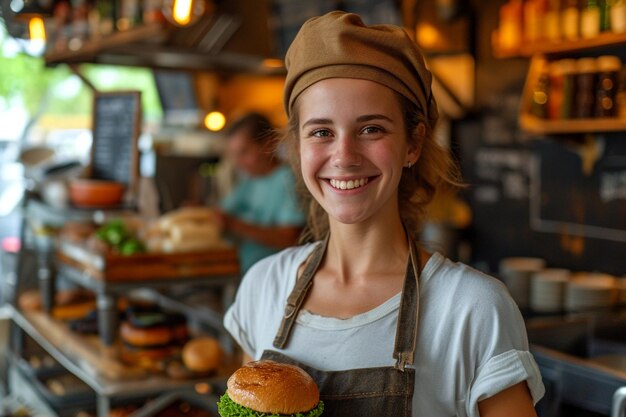 Smiling waitress in apron holding hamburger and looking at camera