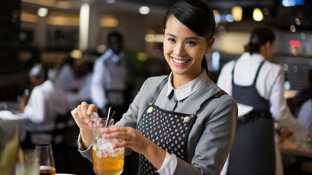 Smiling waitress preparing a glass