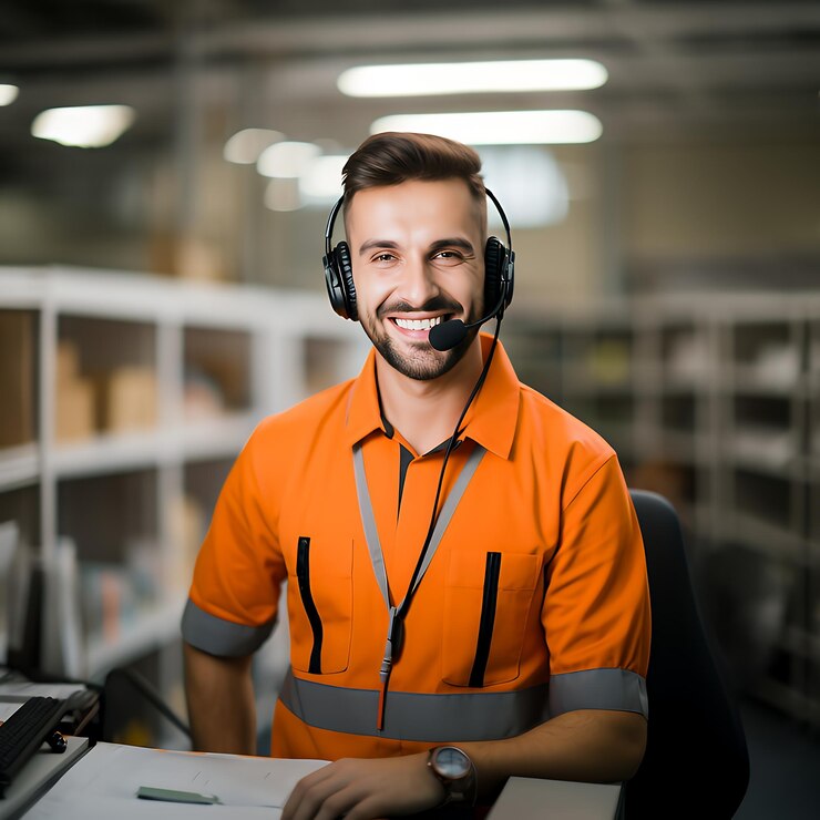 Photo a smiling warehouse worker wearing a headset and orange polo shirt is looking at the camera
