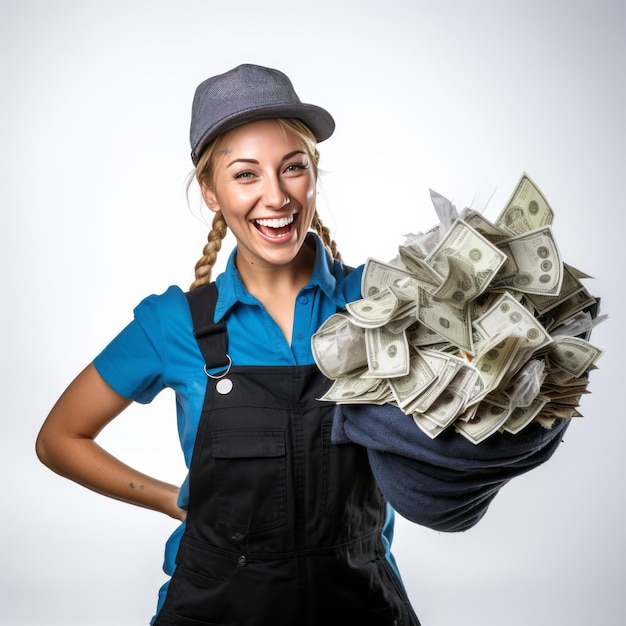 Smiling in Wealth A House Cleaning Hero Surrounded by Money Bags