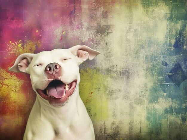 Foto un cane bianco sorridente con la lingua fuori davanti a uno sfondo colorato