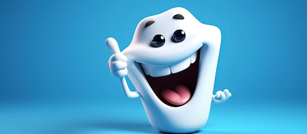 Улыбающийся белый здоровый зуб персонажа на синем фоне Генеративная иллюстрация AI