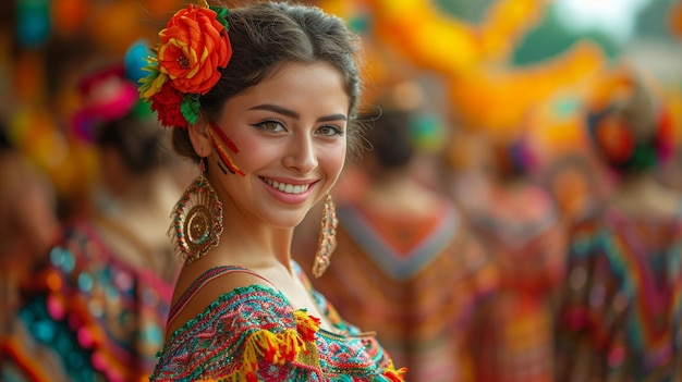 A smiling woman adorned in vibrant festival attire poses during a lively cultural event