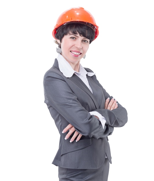 Smiling woman architect in protective helmet