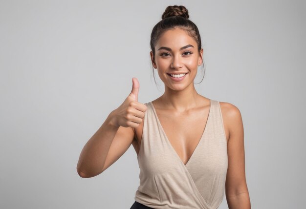 A smiling woman in a beige top giving a thumbs up her casual yet elegant appearance and warm smile