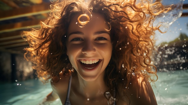 smiling woman in a bikini in a pool with water splashing around her Generative AI