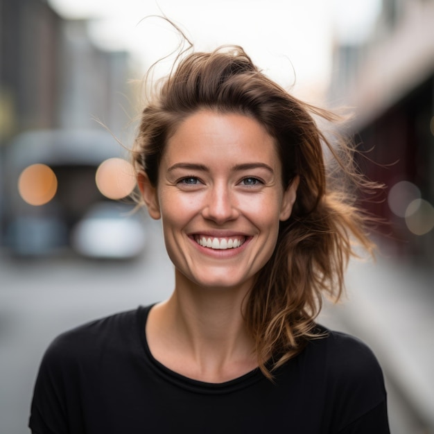 smiling woman in black shirt on city street