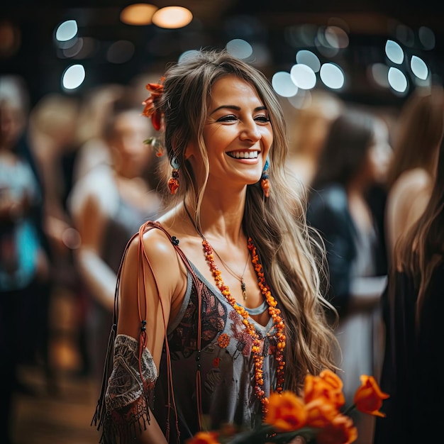 Smiling woman in black and white dress with colorful flowers