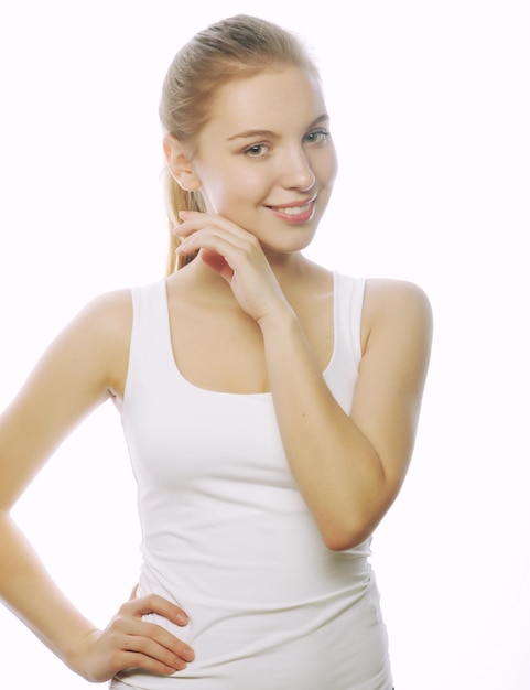 Smiling woman in blank white tshirt