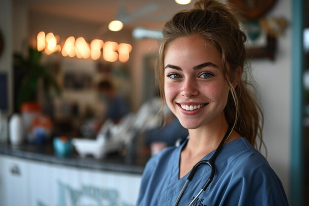 A smiling woman in a blue shirt and a stethoscope