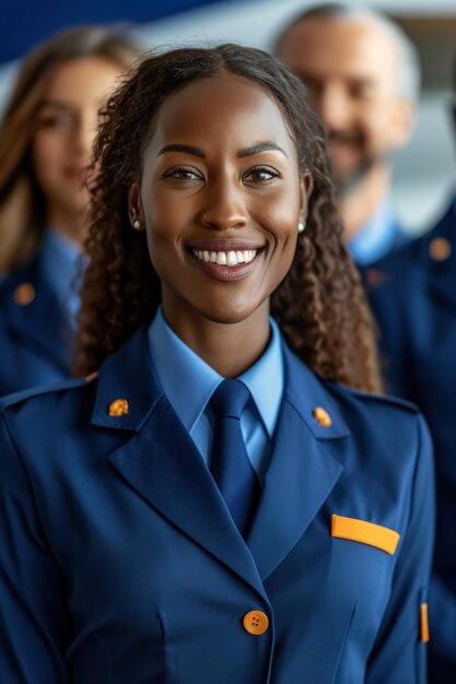 Photo smiling woman in blue uniform