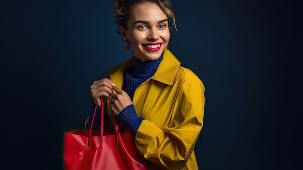 赤いバッグとシェードを持つ青い服を着た笑顔の女性