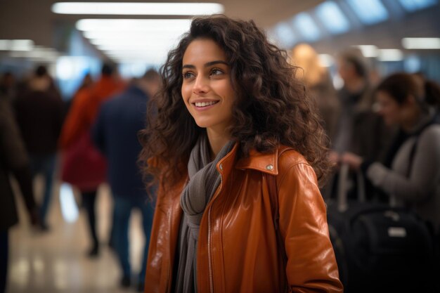 Smiling Woman in Brown Leather Jacket