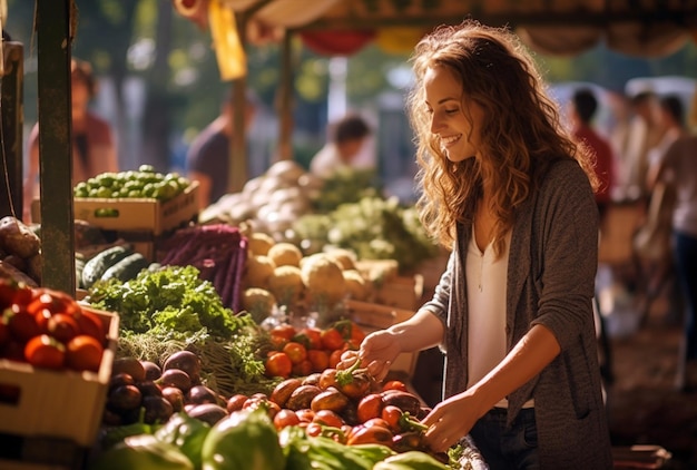 Smiling woman buying fresh fruits and vegetables on a farmer market Sunny autumn day Generative ai