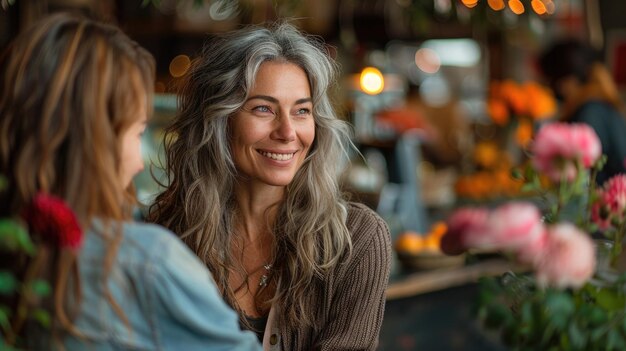 Smiling woman in a cafe with friend and flowers