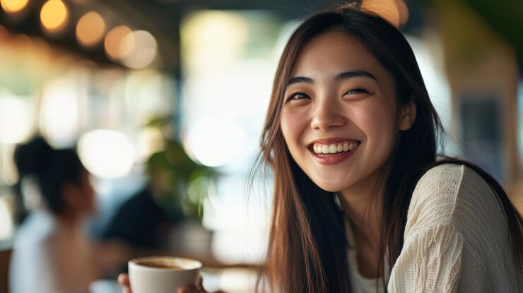 Photo カフェで笑顔の女性