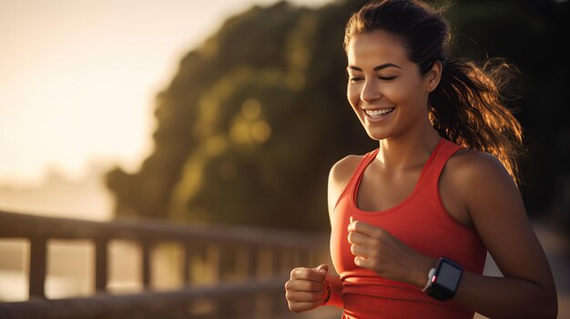 Smiling woman checking her physical activity on smartwatch Young female athlete looking on activity tracker during training copy space for text