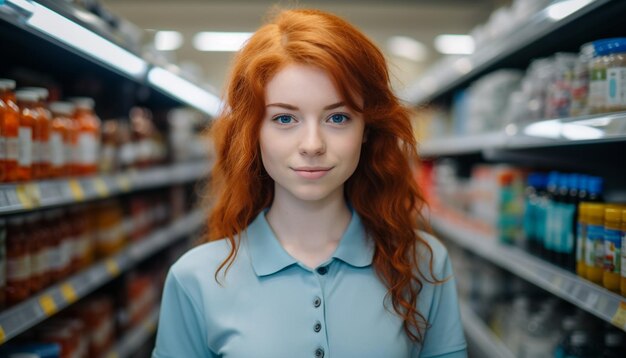 AIによって生成されたスーパーマーケットで食料品を選ぶ笑顔の女性
