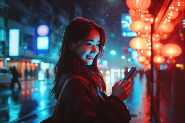 Smiling woman on city street using smartphone