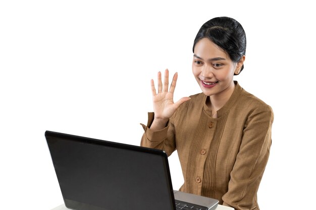 Smiling woman in civil servant uniform using laptop to work