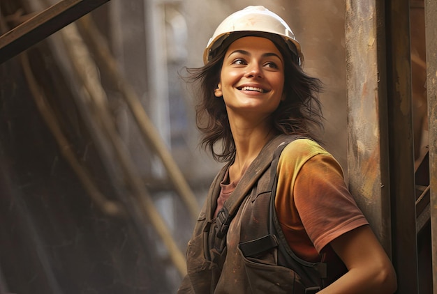 Photo smiling woman construction worker