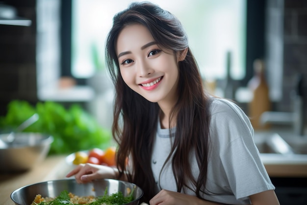 Smiling woman cooking in the kitchen