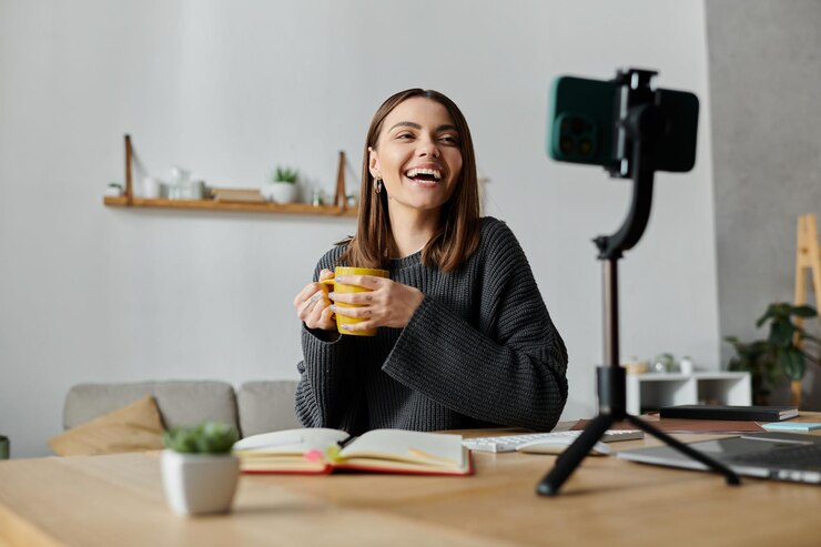 Фотография улыбающаяся женщина создает контент, работая из дома