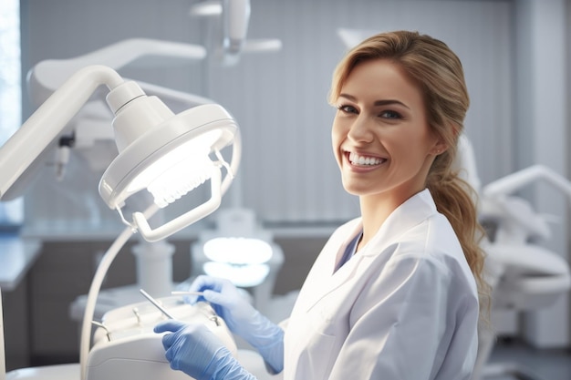 Photo smiling woman in dentists office